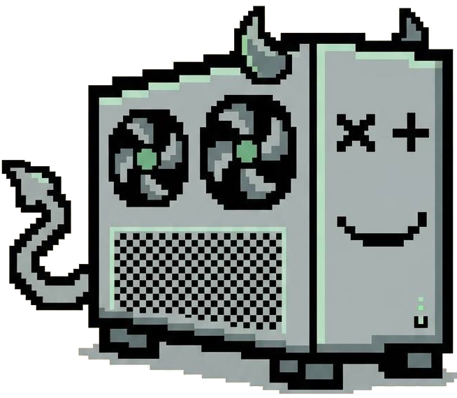 Machine Space mascot — a happy workstation with imp tail and horns